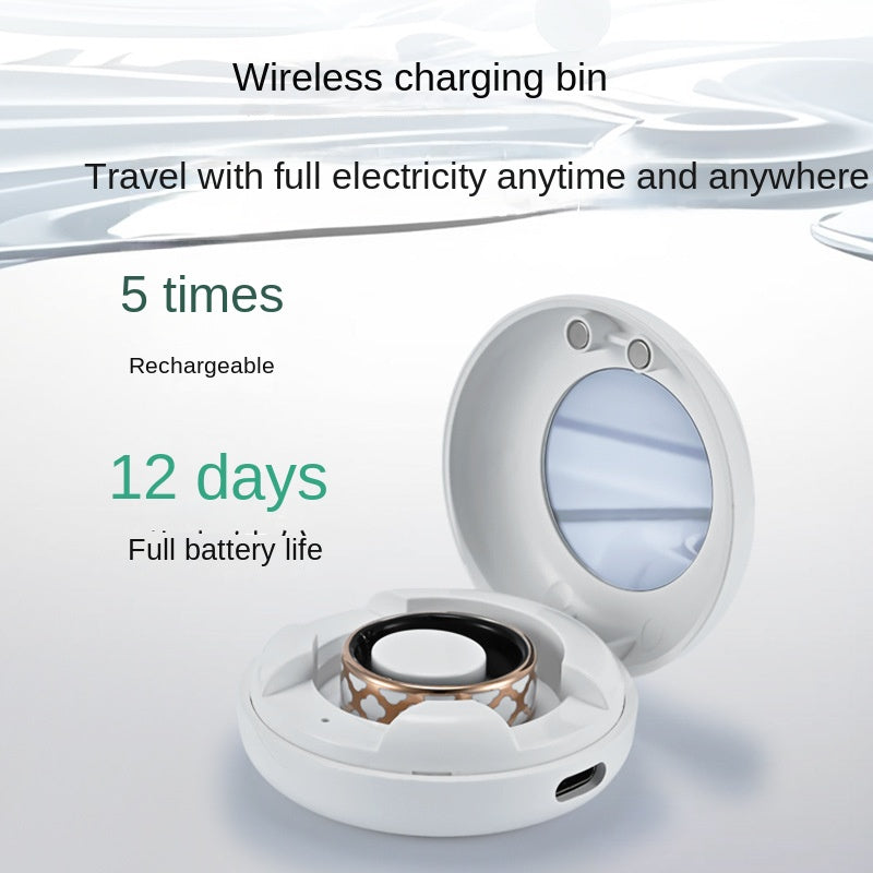 Wireless charging bin for Health Smart Titanium Steel Ring Waterproof Blood Pressure, featuring 5 times rechargeability and 12 days battery life.
