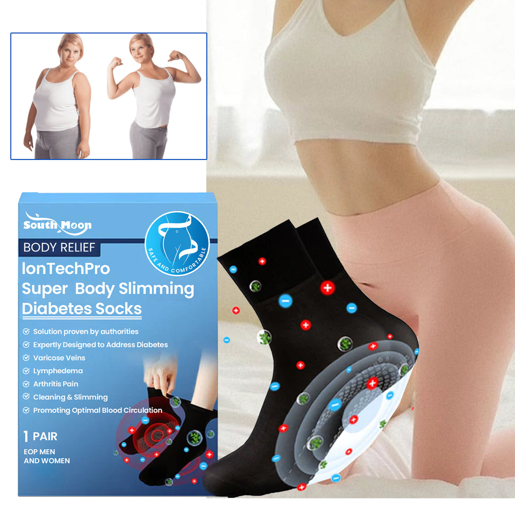 Lon Tech Pro Super Body Slimming Diabetes Socks with packaging and model demonstrating their benefits.
