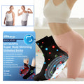 Lon Tech Pro Super Body Slimming Diabetes Socks with packaging and model demonstrating their benefits.