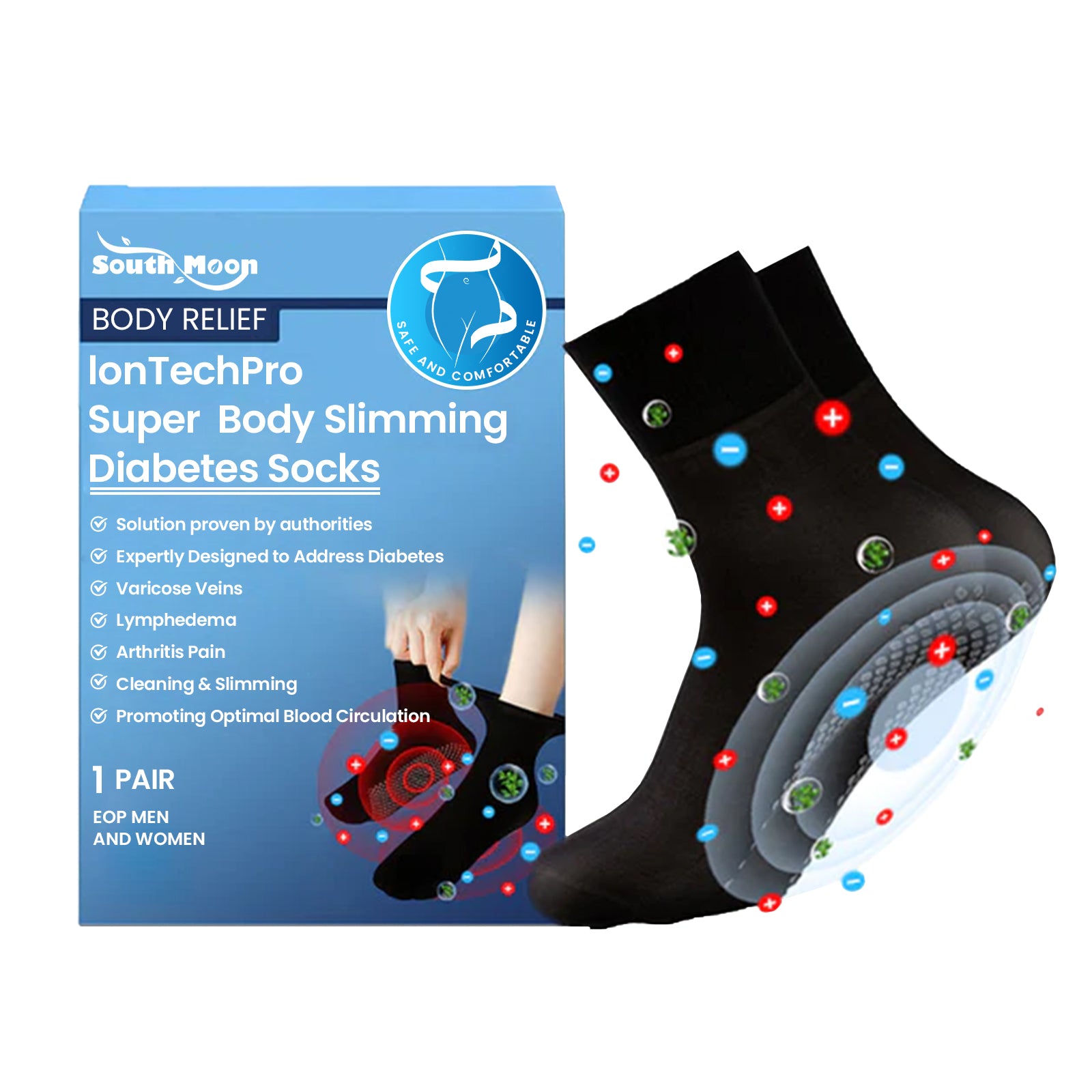 Lon Tech Pro Super Body Slimming Diabetes Socks packaging showcasing benefits and features for blood circulation and diabetes relief.